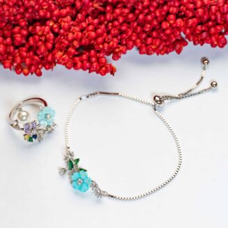 Floral Adjustible Bracelet And Ring In MOP And CZ