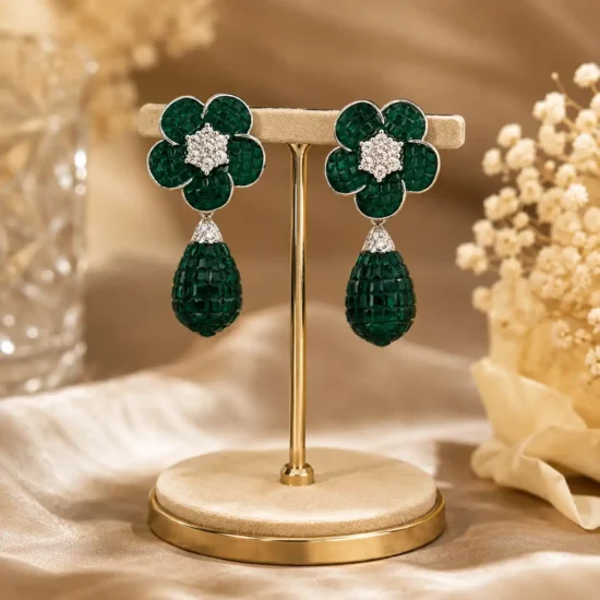 dark-green-floral-silver-danglers